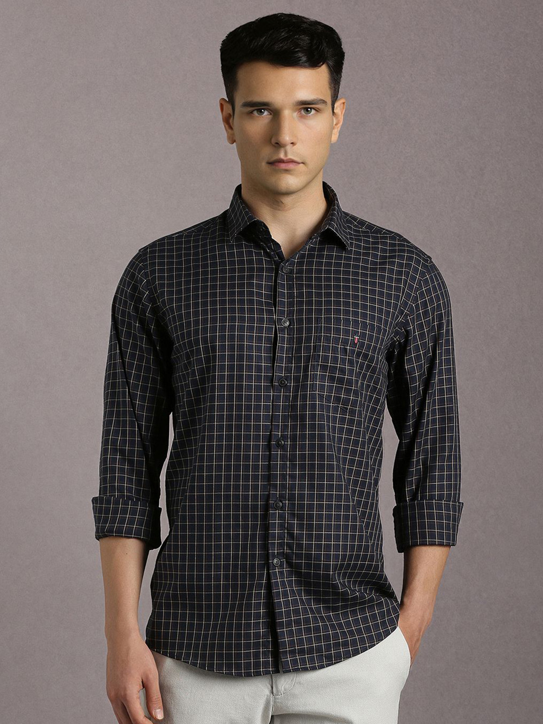 Louis Philippe Sport Slim Fit Checked Spread Collar Pure Cotton Shirt