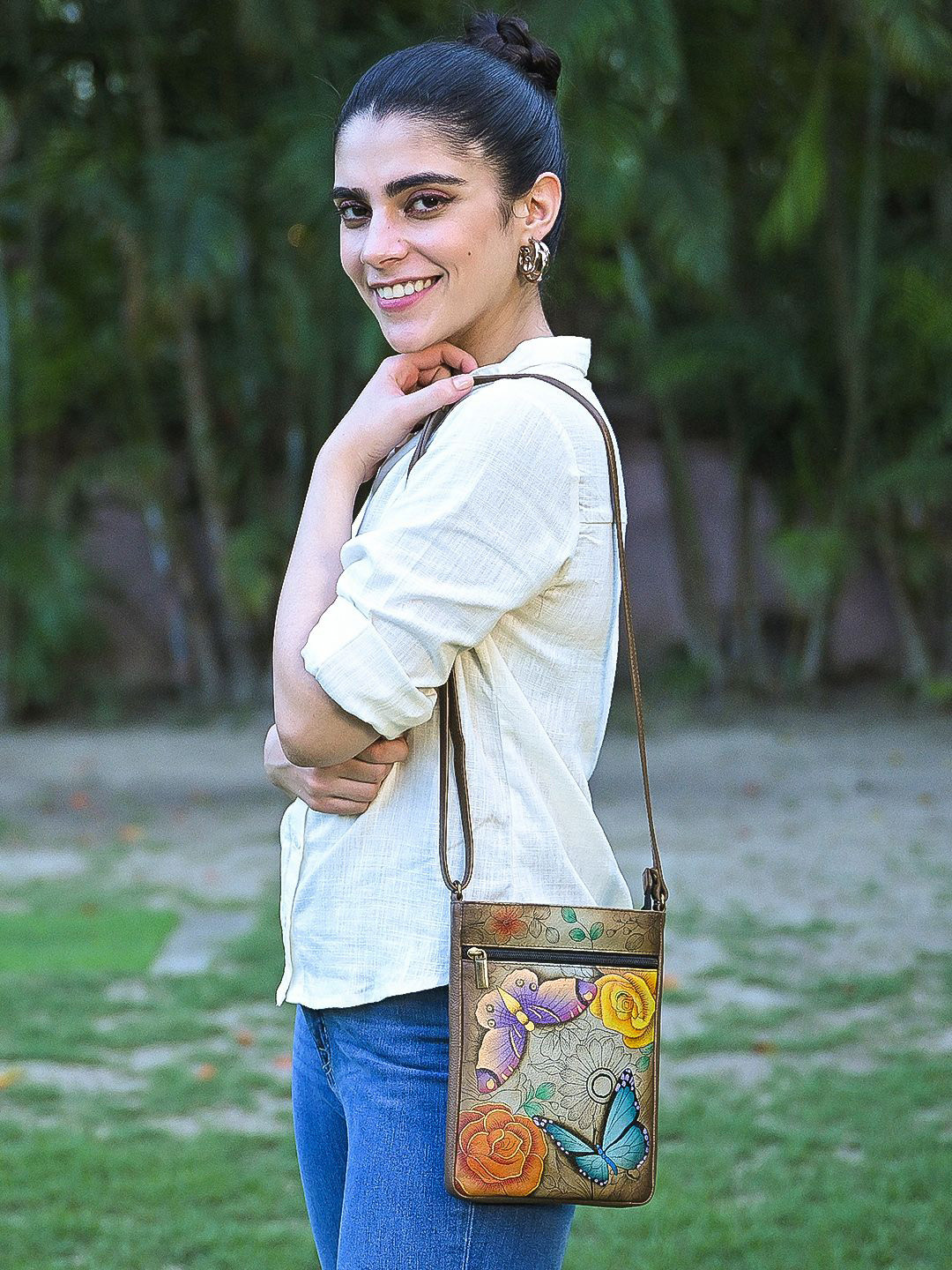 Anuschka Women Floral Paradise Tan Hand Painted Leather Travel Crossbody Bag