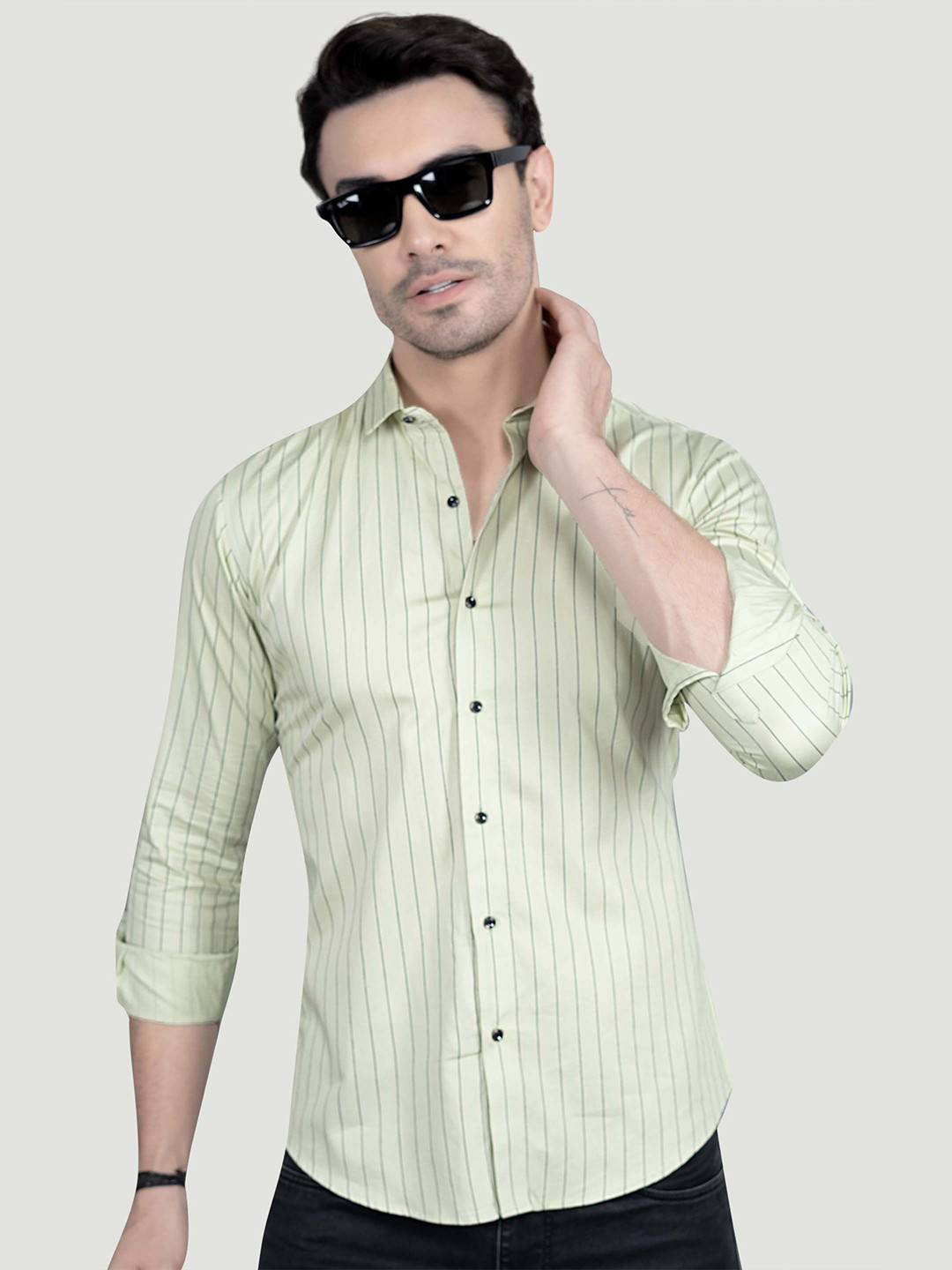 ALMATY Patrick Comfort Vertical Striped Spread Collar Slim Fit Cotton Shirt