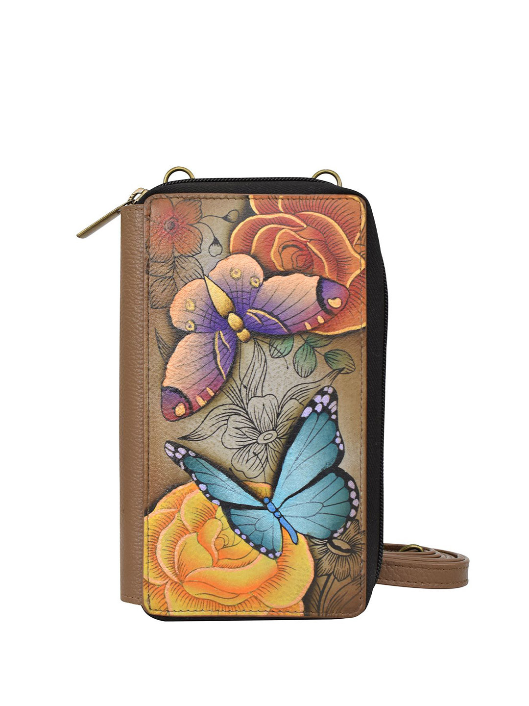 Anuschka Women Floral Paradise Tan Hand Painted Leather Phone Wallet