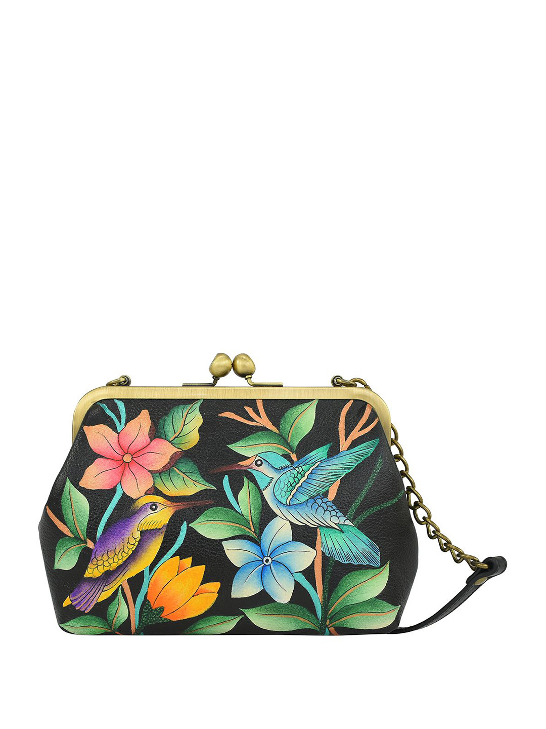 Anuschka Women Bird in Paradise Black Hand Painted Leather Crossbody Frame Bag