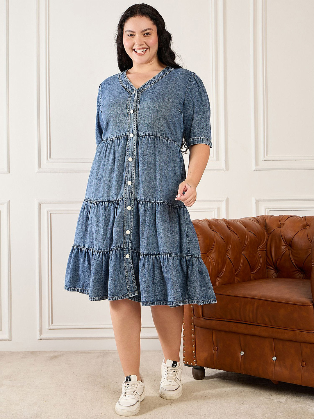 Orchid Blues Women Tiered V-Neck Denim A-Line Midi Dress