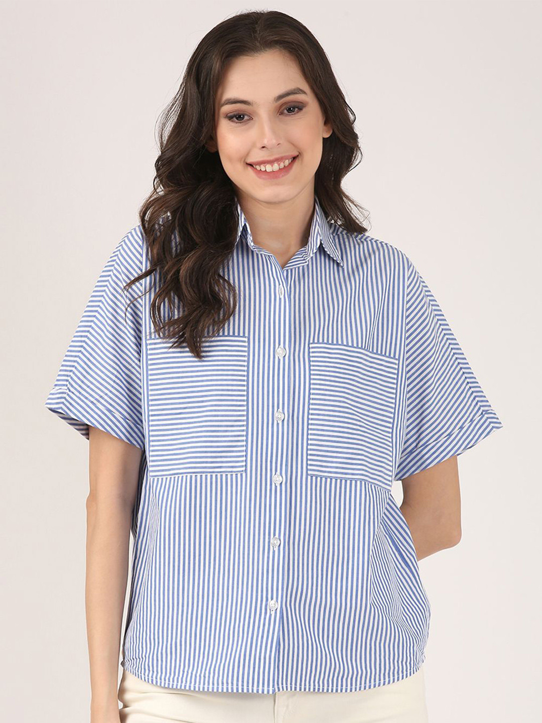 Jolene.club Striped Spread Collar Kimono Sleeves Oversized Cotton Shirt