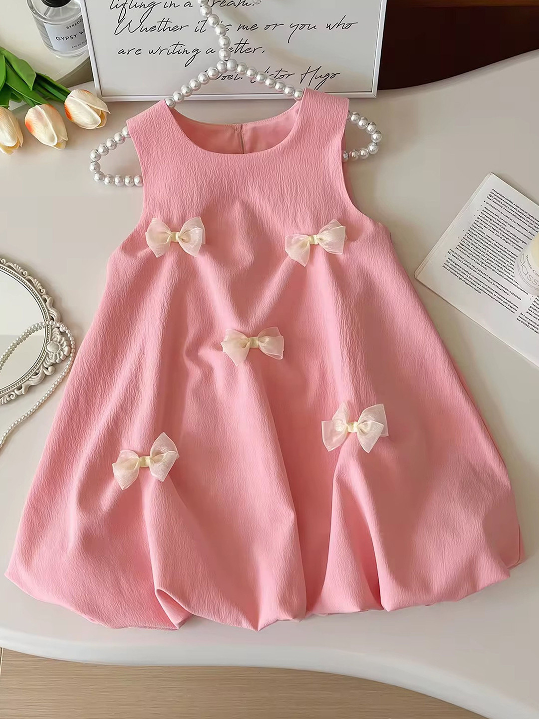 TrendyKid Girls Self Design Cotton Balloon Dress With Bow Details