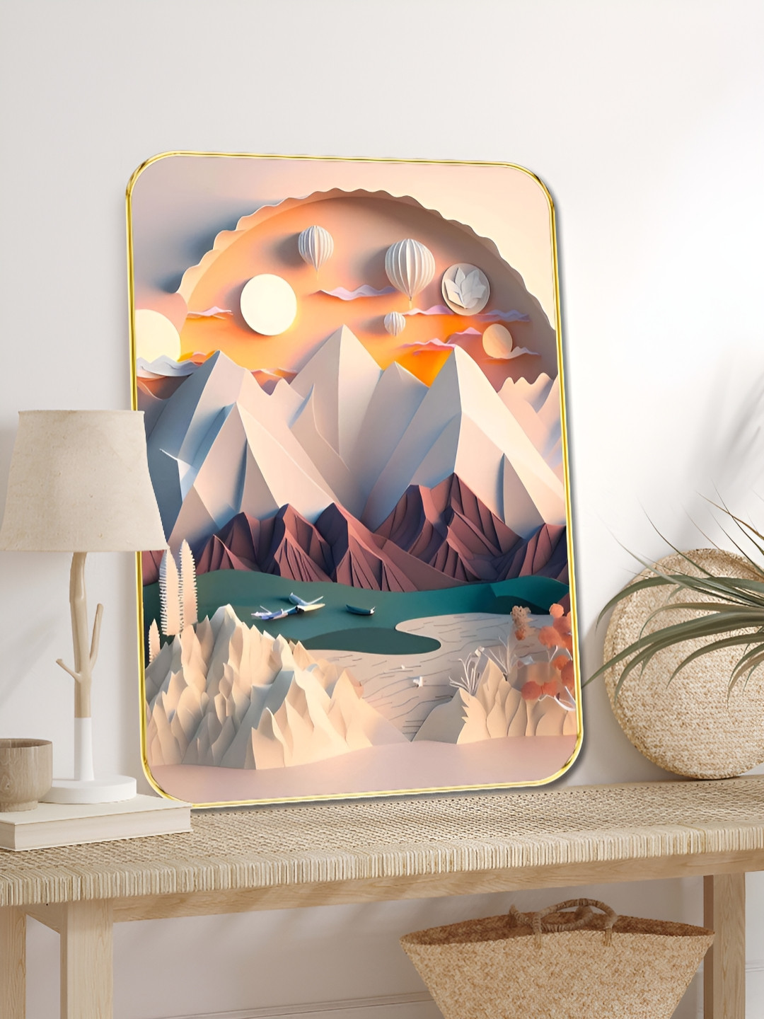 Livin'luxe Beige & Mustard Surreal Mountain Landscape Wall Art