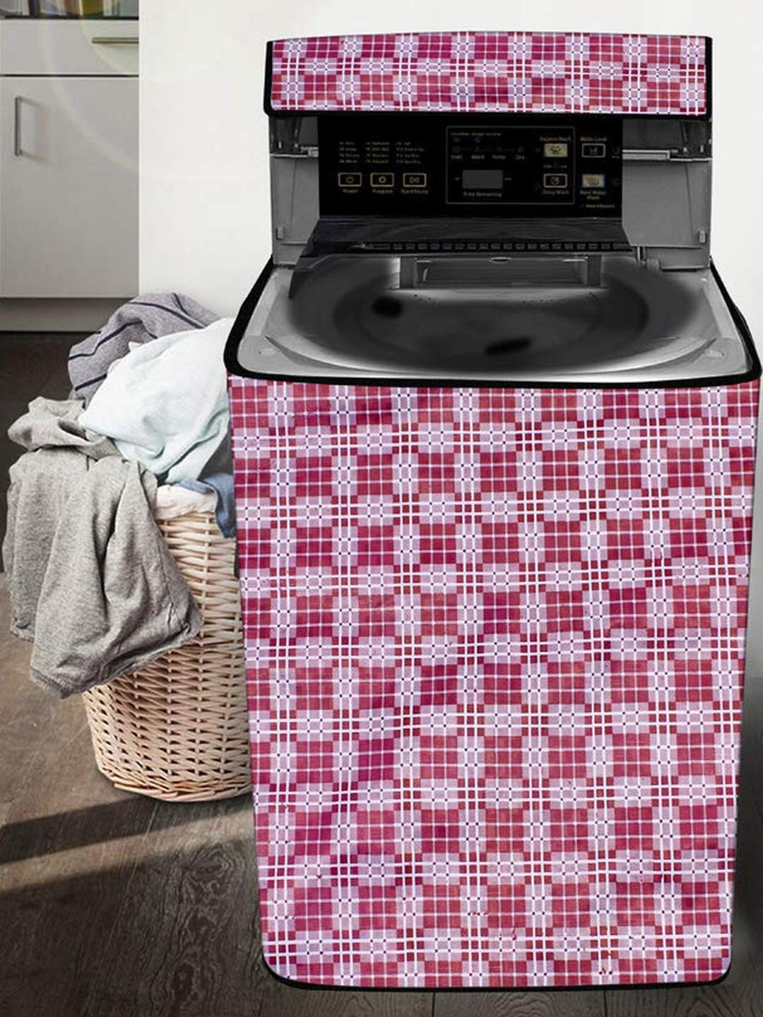 The Furnishing Tree Washing Machine Cover Checkered Pattern Magenta Compatible for Whirlpool 6.2 Kg