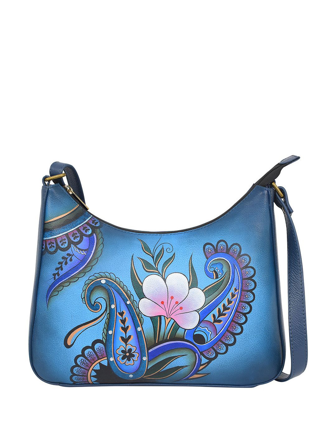 Anuschka Women's Denim Paisley Floral Hand Painted Leather Multi-Compartment Hobo