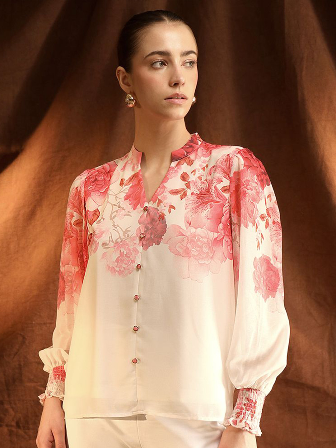 Kazo Women Floral Printed Mandarin Collar Flavia Blouse Top