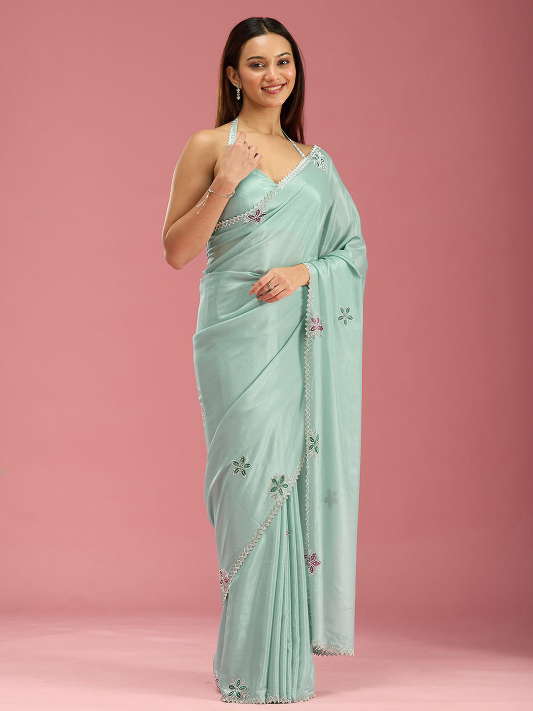 Koskii Sea Green Floral Stonework Satin Saree