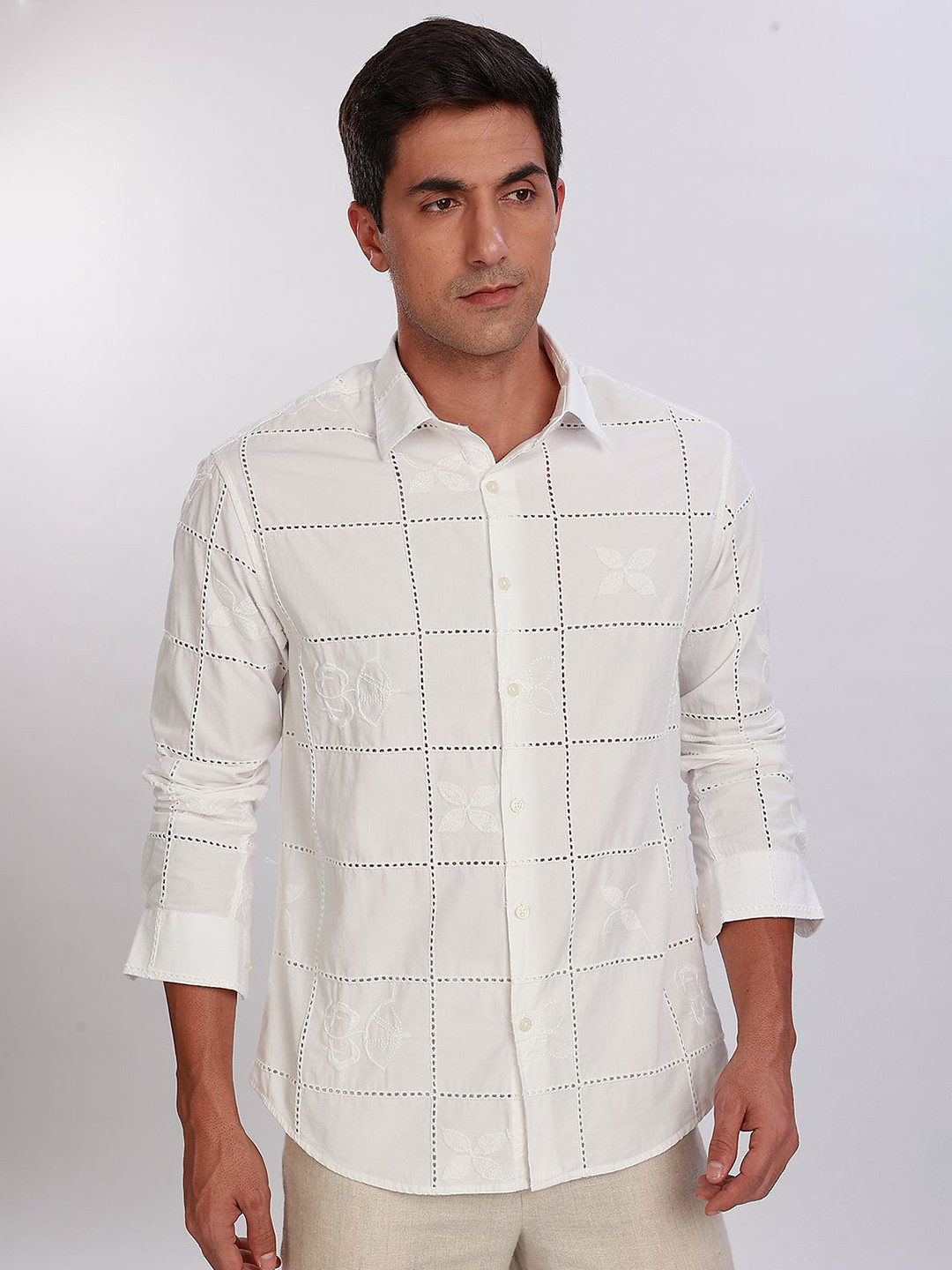 THREE DAYS Windowpane Checked Comfort Cotton Casual Shirt