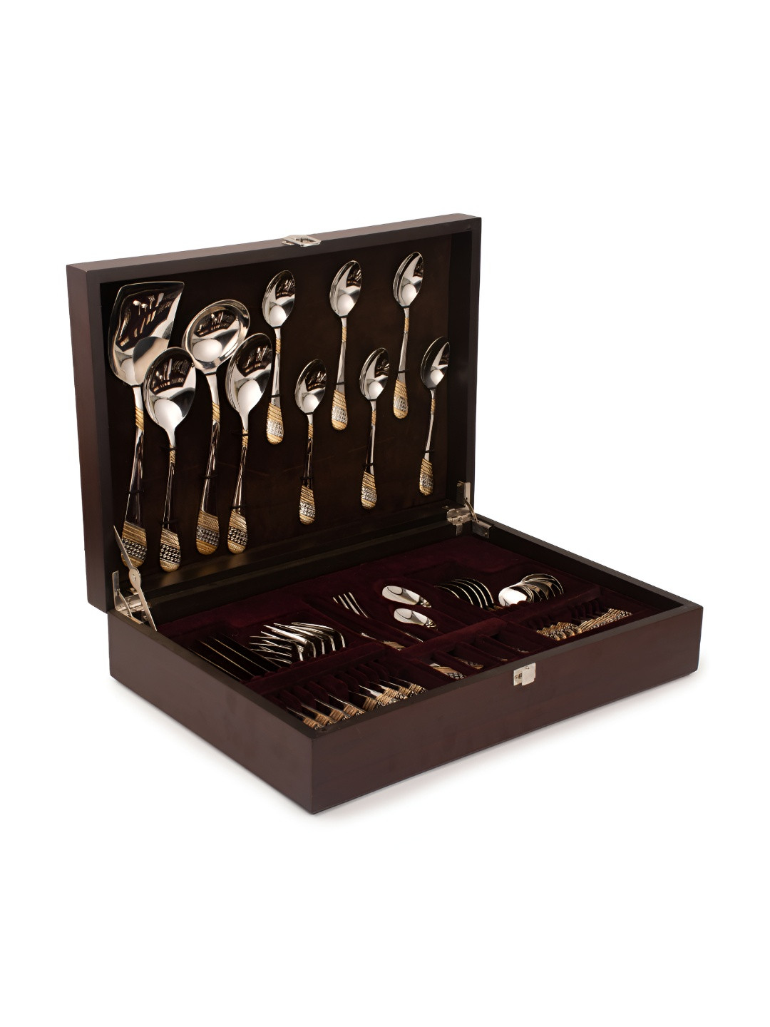 FNS Stainless Steel Gold Plated 34 Pieces Cutlery Set With Wooden Box