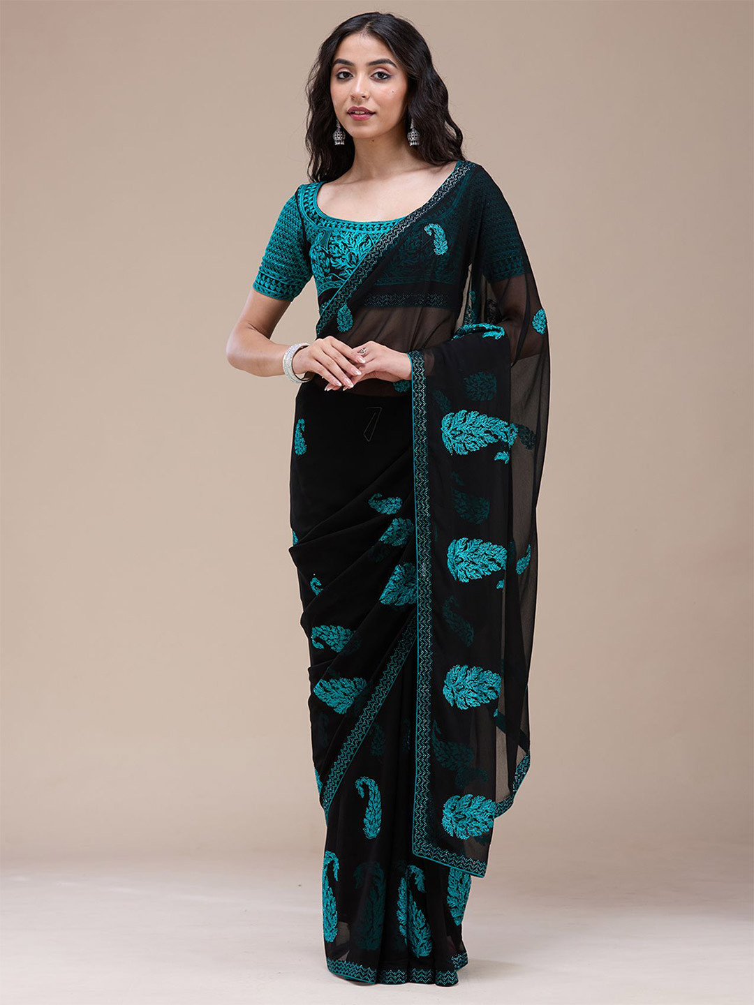 Koskii Black Threadwork Georgette Saree