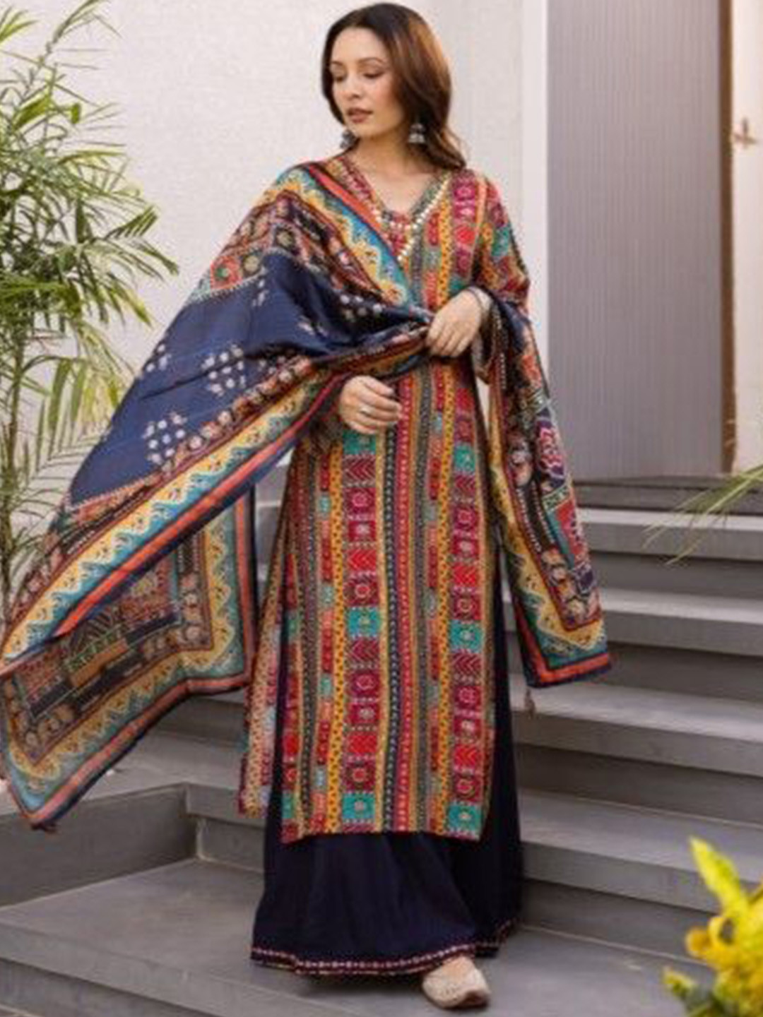 AUTUMN LANE Kabool Azuvibe Floral Printed Sequinned Pure Cotton Kurta With Skirt & Dupatta