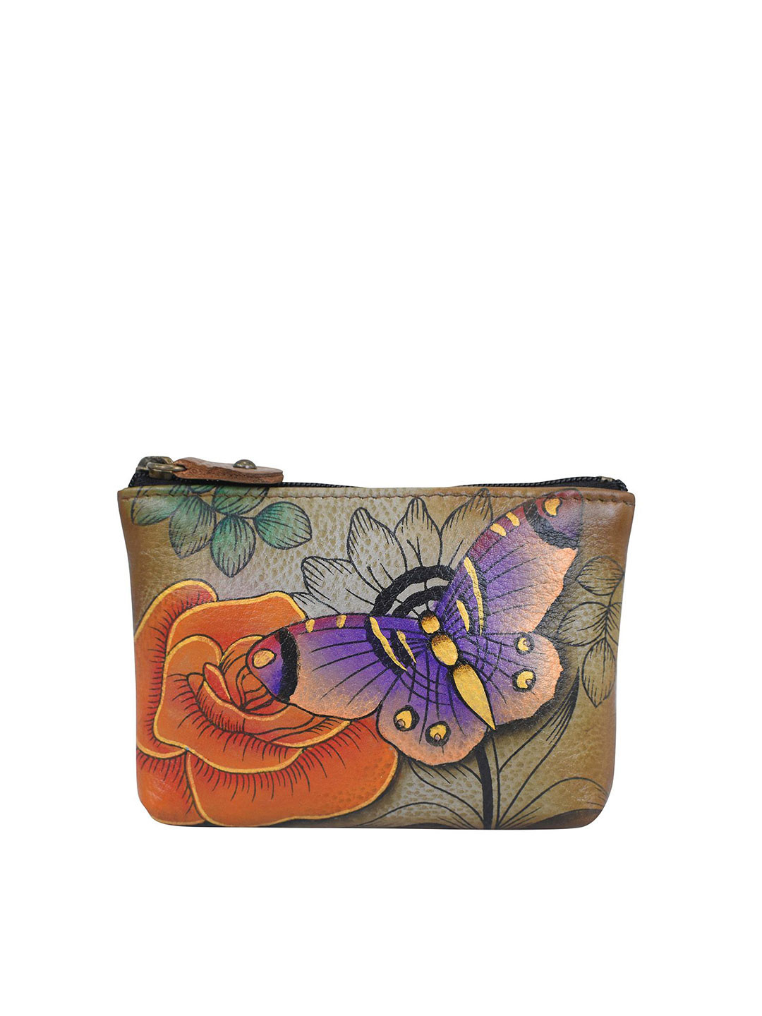 Anuschka Women Floral Paradise Tan Hand Painted Leather Small Coin Wallet
