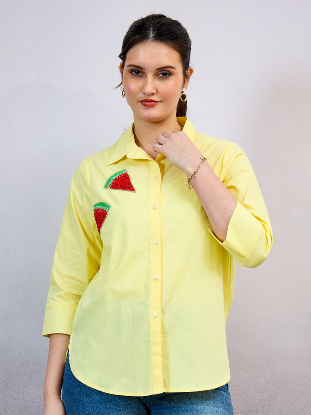 Shally Bhasin by Athena Watermelon Embroidered Cotton Standard Relaxed Fit Shirt