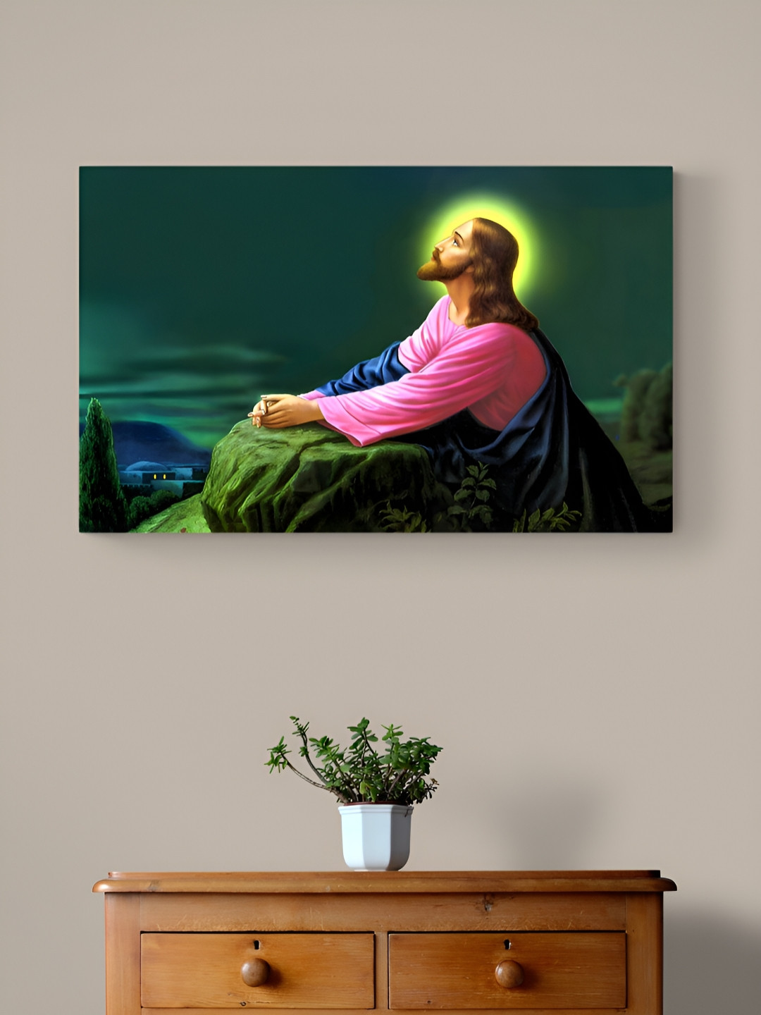 Tushaco Handicrafts Green & Pink Jesus Canvas Wall Art