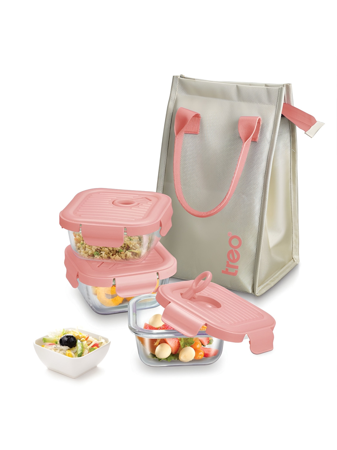 Treo Peach-Coloured Borosilicate Glass Microwave Safe Lunch Box 320 ML With Bag