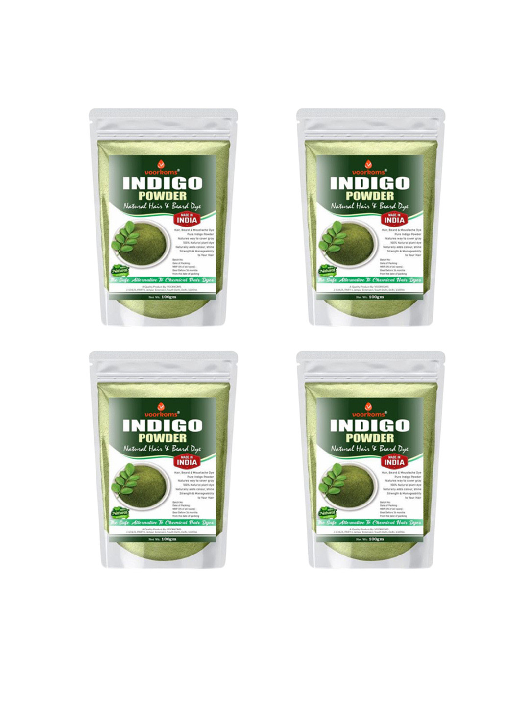 VOORKOMS Set Of 4 Indigo Powder For Hair Colour - 100 g Each
