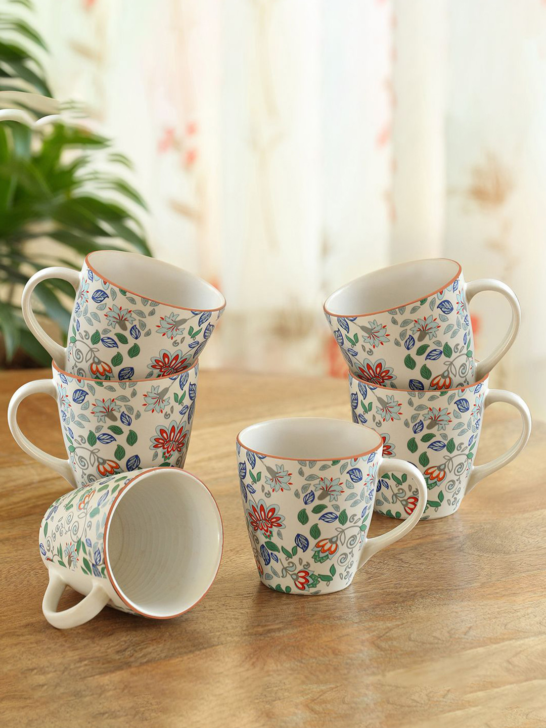 ExclusiveLane Set Of 6 Spring Garden Ceramic Tea & Coffee Mugs- 330 ml