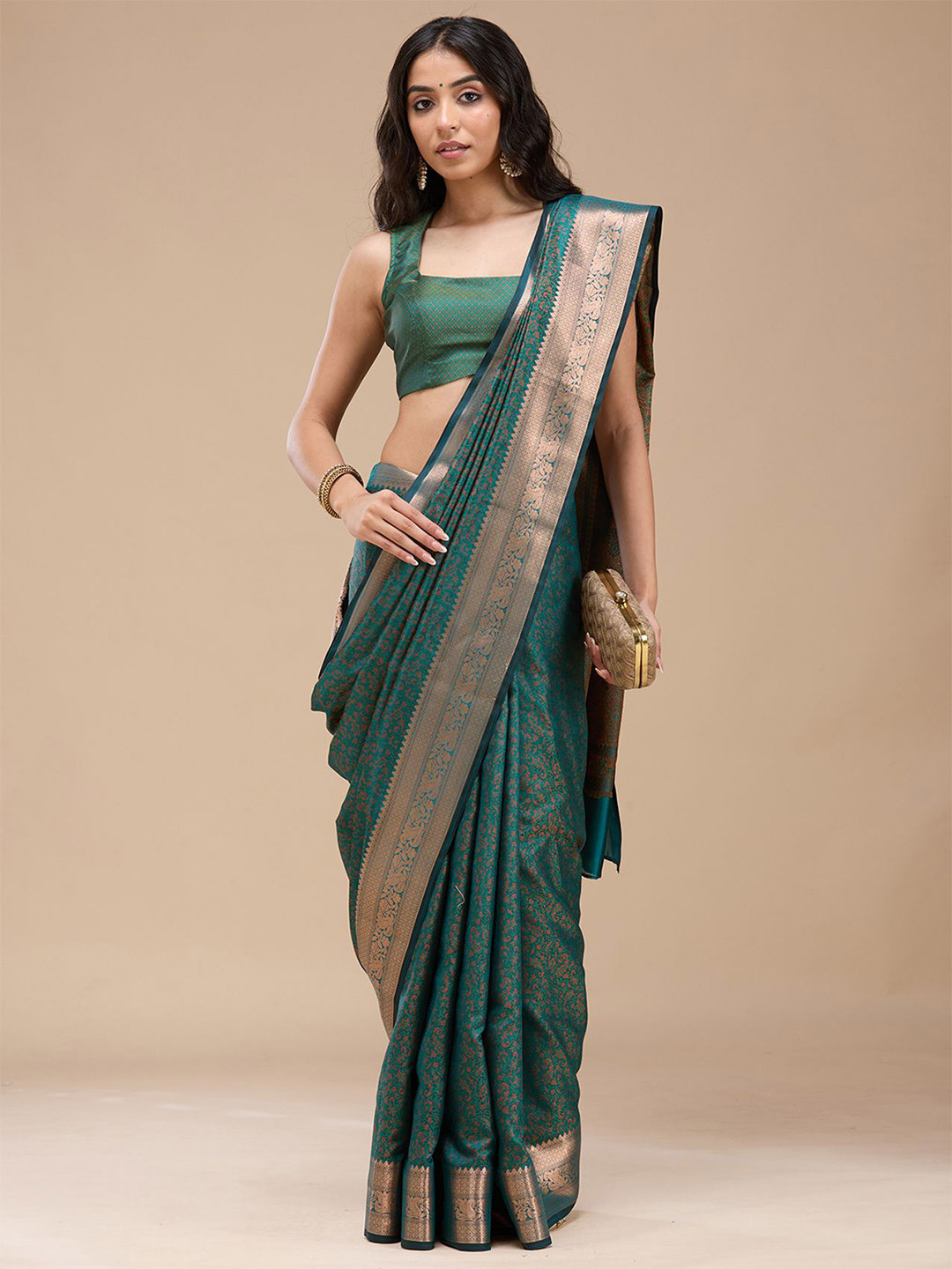Koskii Women Woven Design  Rama Green Zari work Banarasi Silk Saree