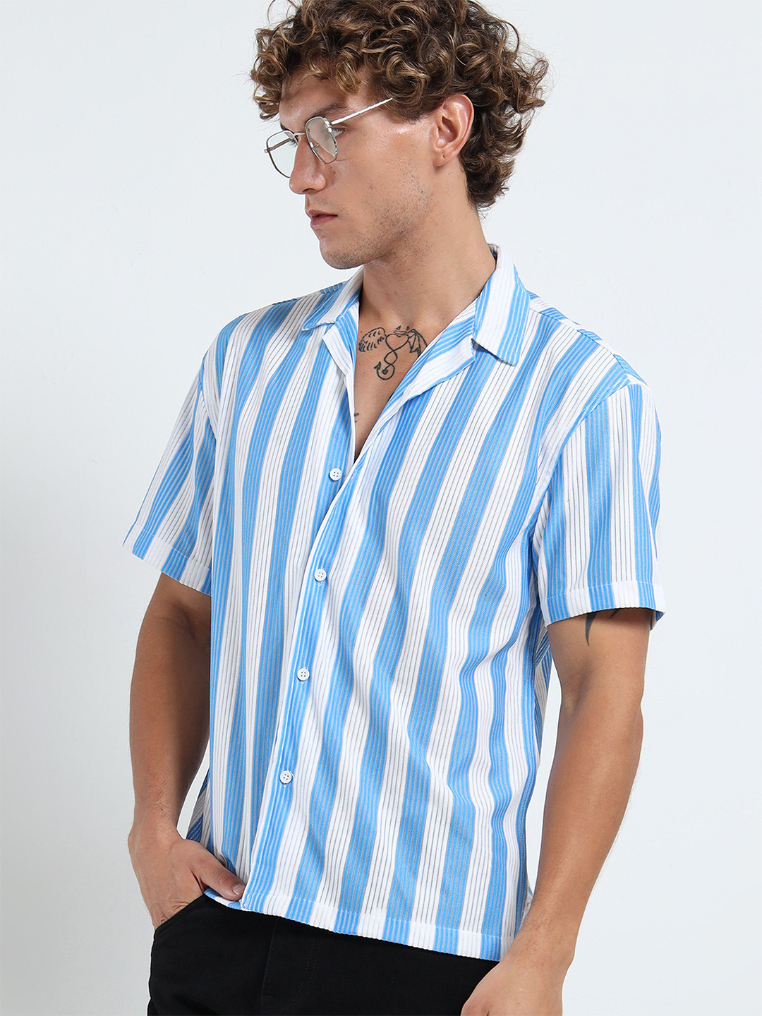 MOHICANS Vertical Striped Spread Collar Boxy Fit Shirt