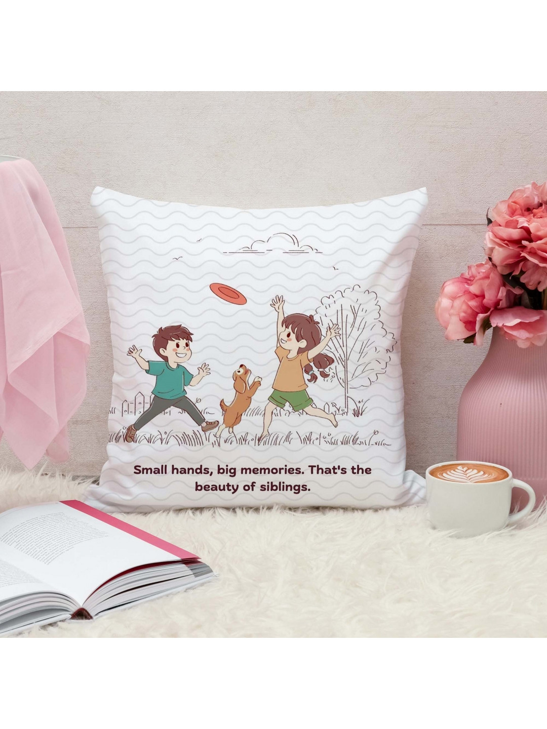 THE QUIRKY HOME White & Brown Printed Square-Shaped Rakshabandhan Gift Pre-Filled Cushion