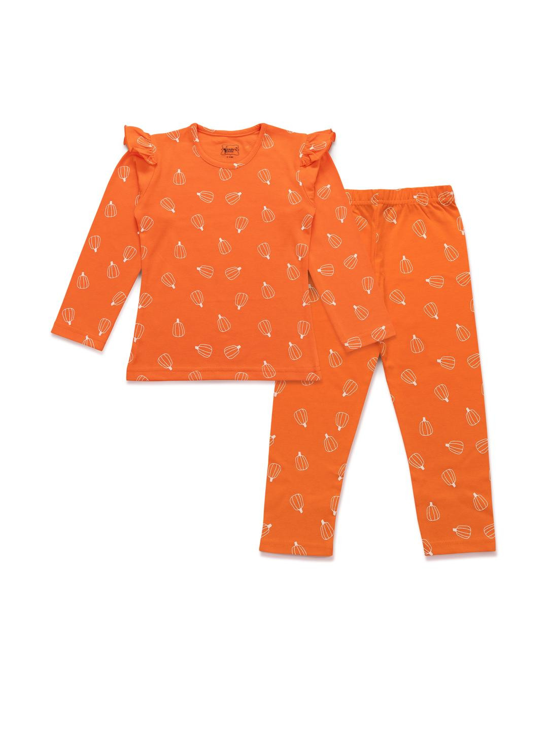 Girls Orange Pumpkin Print Cotton Nightsuit Set