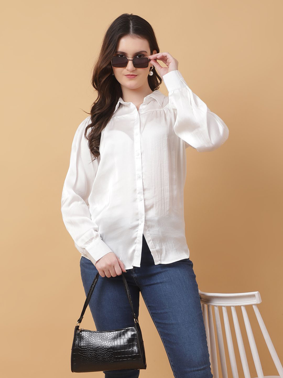 God's Club Women Spread Collar Long Sleeves Satin Casual Shirt
