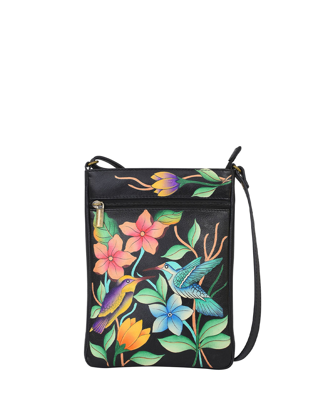 Anuschka Women Bird in Paradise Black Hand Painted Leather Travel Crossbody Bag