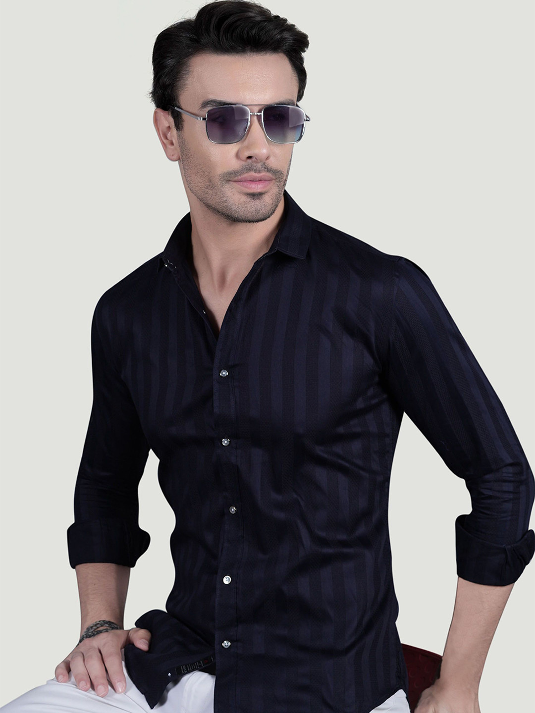 ALMATY Bruno Comfort Vertical Striped Spread Collar Slim Fit Cotton Shirt