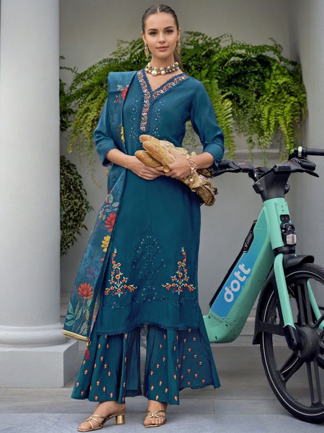 SZN Floral Embroidered Beads & Stones V-Neck Kurta With Palazzos & Dupatta