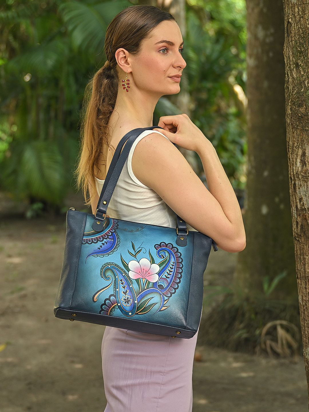 Anuschka Women Paisley Floral Hand Painted Leather Tote