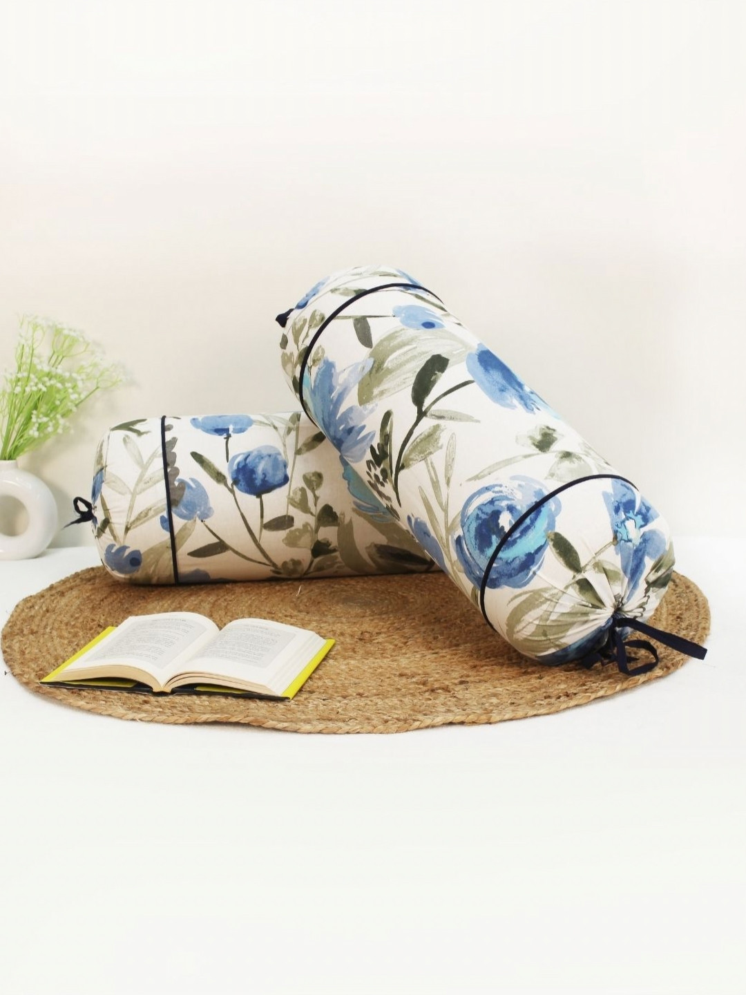 Aurave 2Pc White & Blue Flower Printed Pure Cotton 144-TC Bolster Covers With Drawstrings