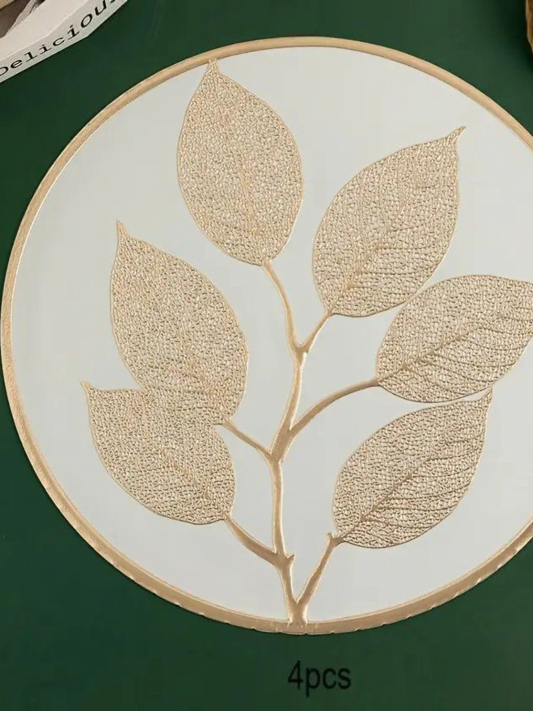 LooMantha Gold-Toned & White 4 Pieces Floral Embroidered Plastic Round Table Placemats