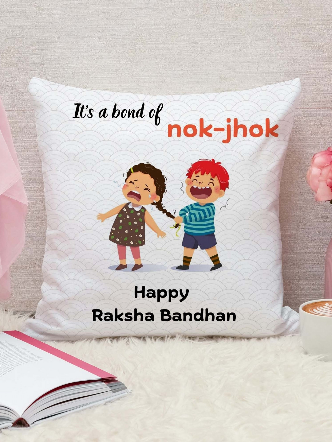 THE QUIRKY HOME White & Red It's A Bond Of Nok-Jhok-Printed Gifting Pre-Filled Cushion