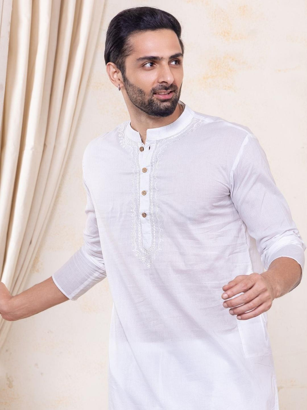 White Self-Embroidered Men's Cotton Kurta