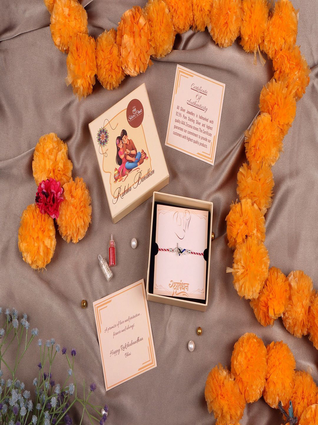 Silver Chest 925 Sterling Silver Thread Rakhi With Roli Chawal & Greeting Card