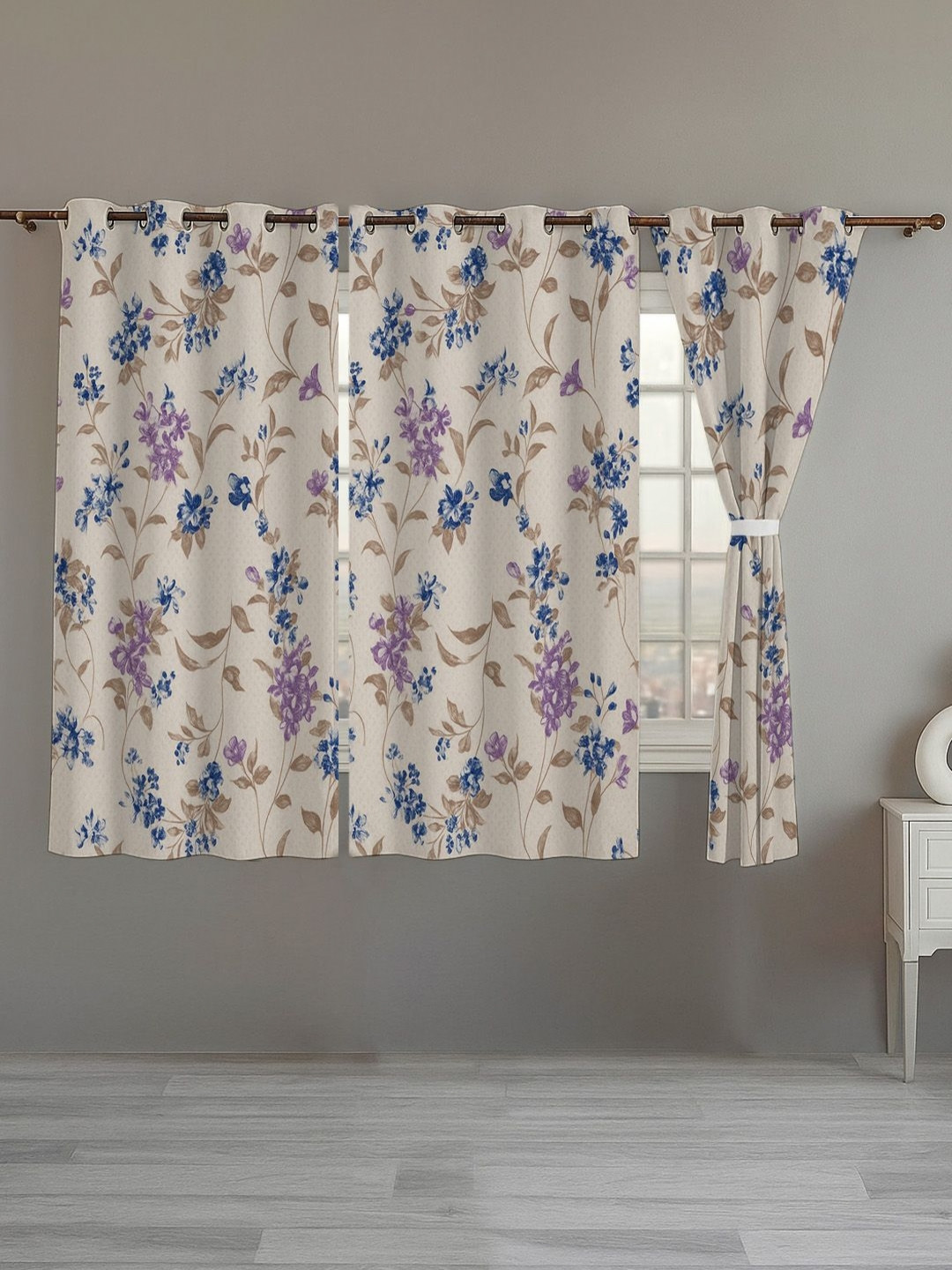 ANA Cream & Blue 3 Pieces Floral Room Darkening Cotton Window Curtains