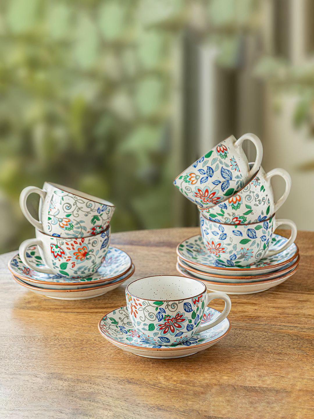 ExclusiveLane Spring Garden White & Green 6 Pieces Printed Ceramic Tea Set-190 ml Each