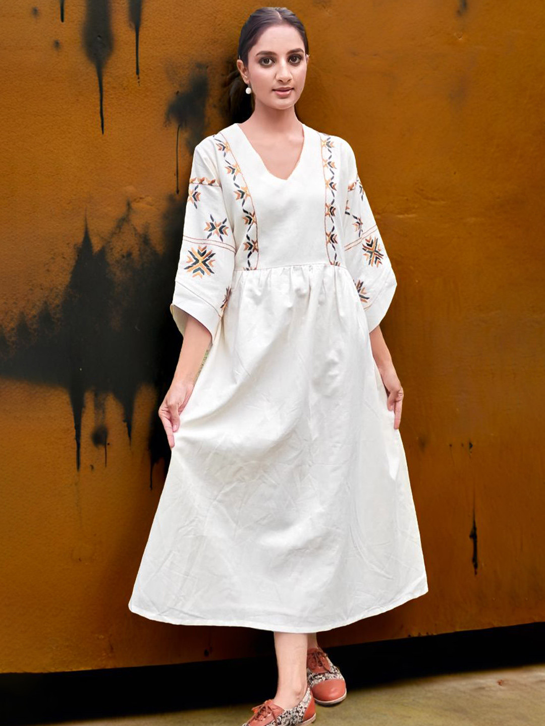 Phulkari Forever Vanilla Tinge Women Embroidered Linen Empire Dress