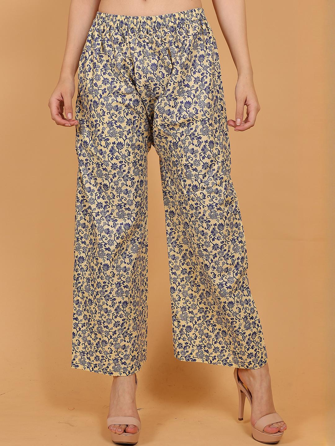 Mytrendzs Women Cream & Blue Floral Printed Cotton Palazzo with One Side Pocket