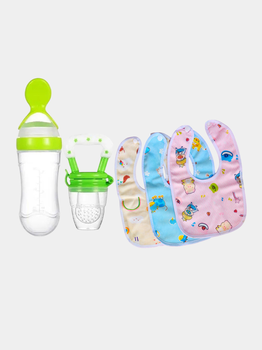Kritiu Kids 5Pcs Green & Transparent Silicone Fruit Nibbler Food Feeder & Bibs