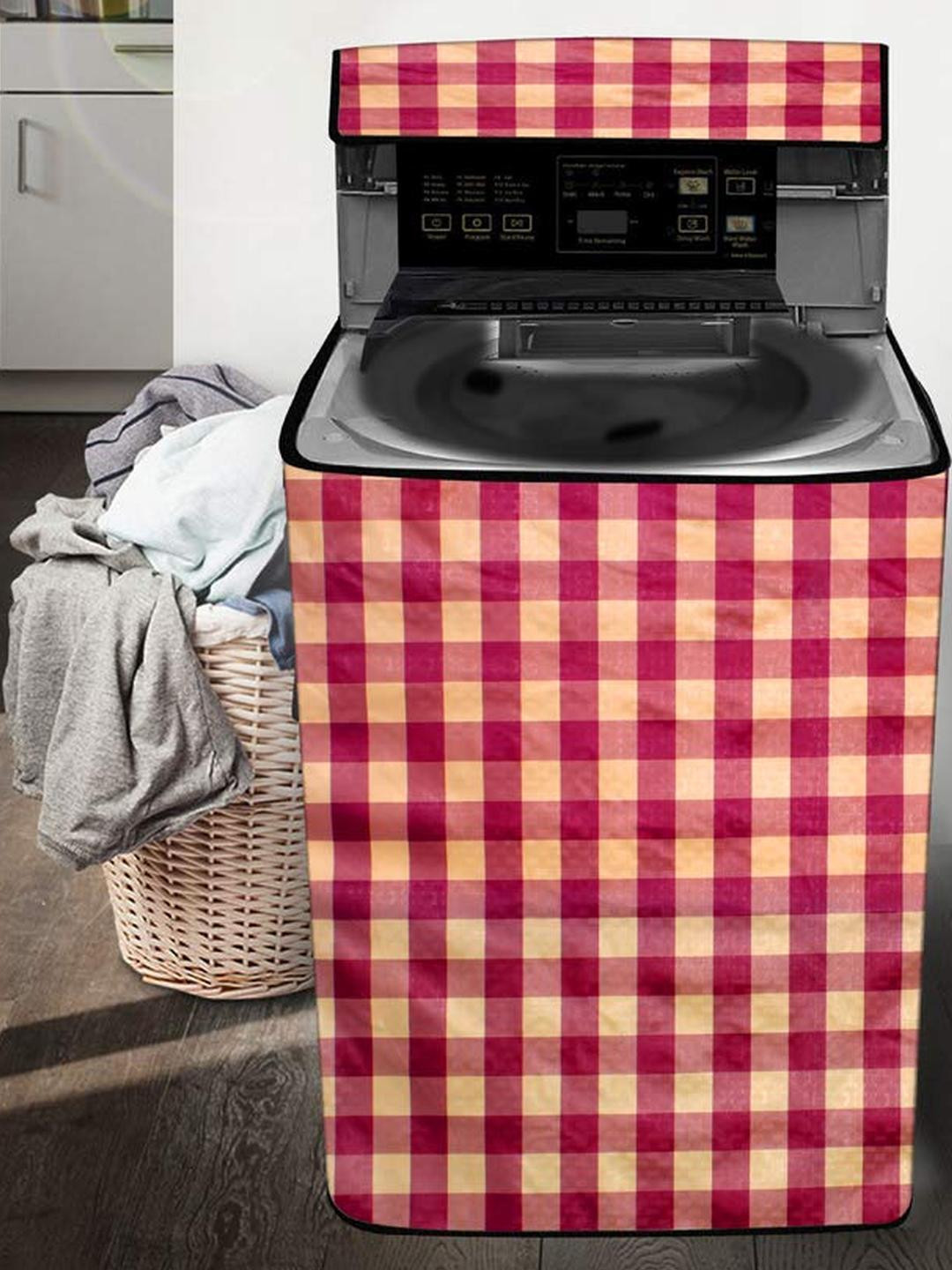 The Furnishing Tree Washing Machine Cover Plaid Pattern Maroon Compatible for Whirlpool 6.5 Kg Full