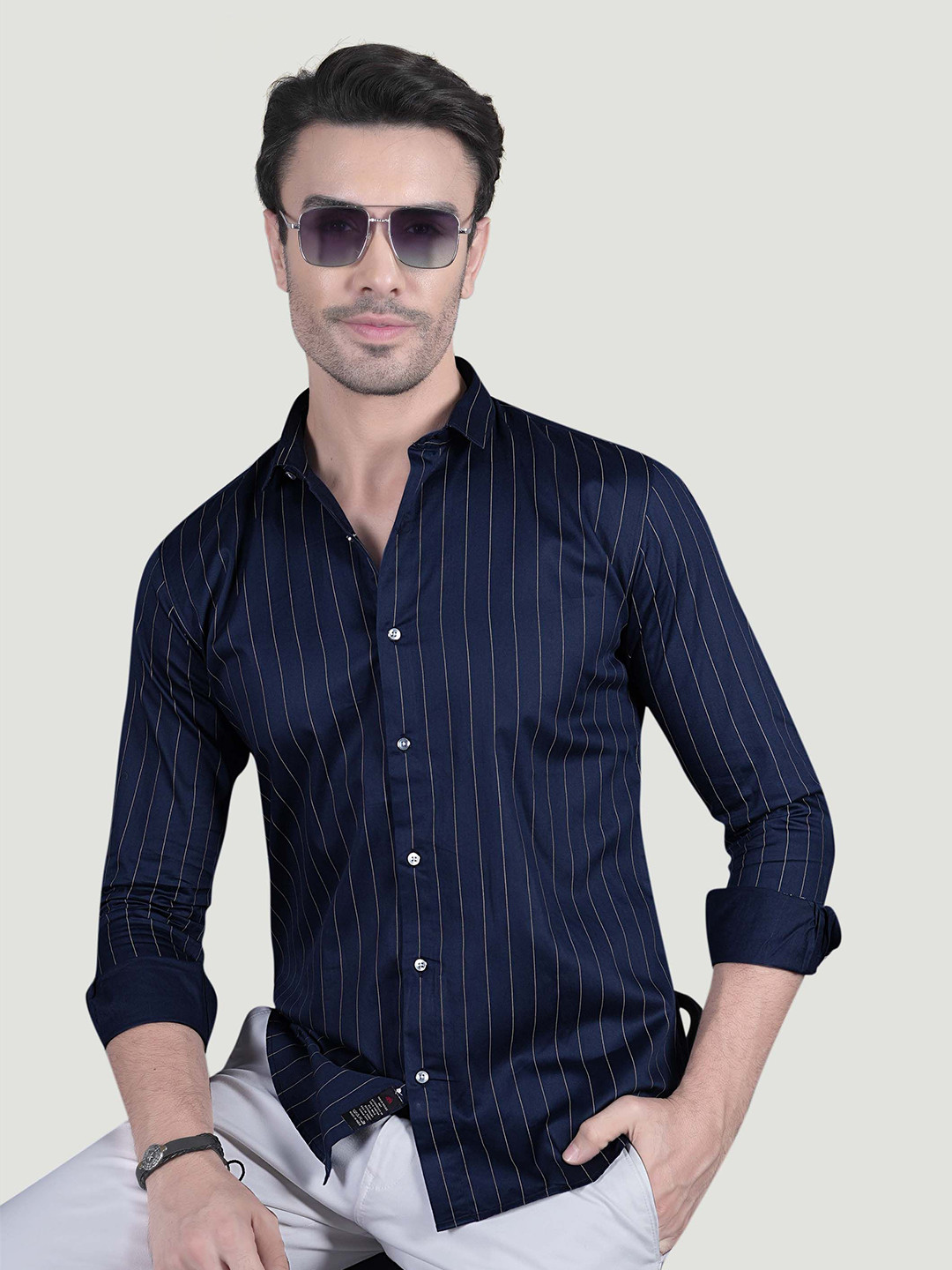 ALMATY Alvar Comfort Vertical Striped Spread Collar Slim Fit Cotton Shirt