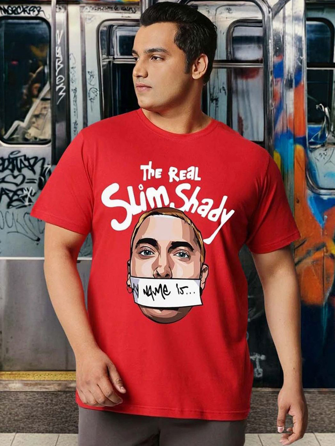 Bewakoof Plus Plus Size Oversized The Real Slim Shady Graphic Printed Pure Cotton T-Shirt