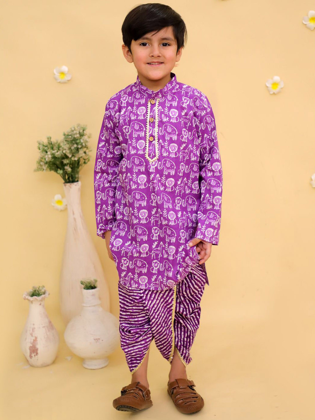 JUNITOS Boys Bandhani Printed Regular Pure Cotton Kurta with Dhoti Pants