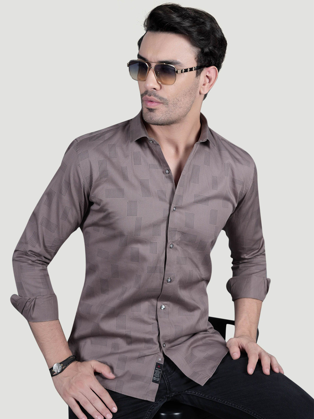 ALMATY Rian Comfort Geometric Printed Slim Fit Cotton Shirt