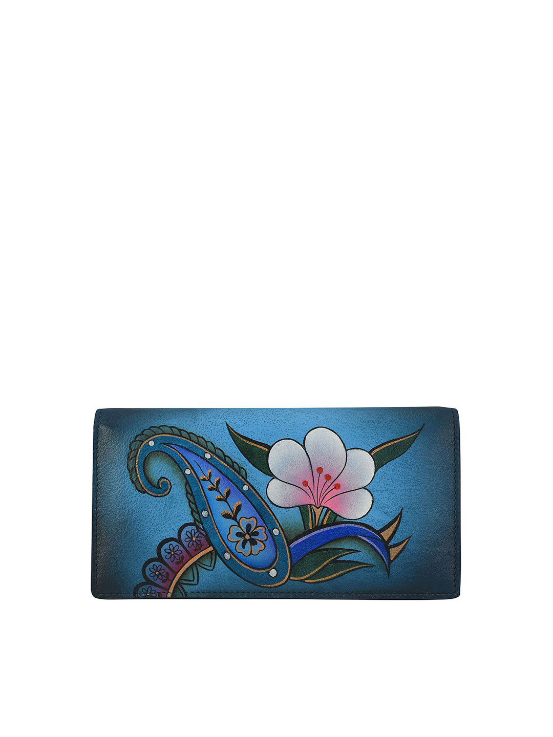 Anuschka Women Denim Paisley Floral Hand Painted Two Fold Leather Clutch