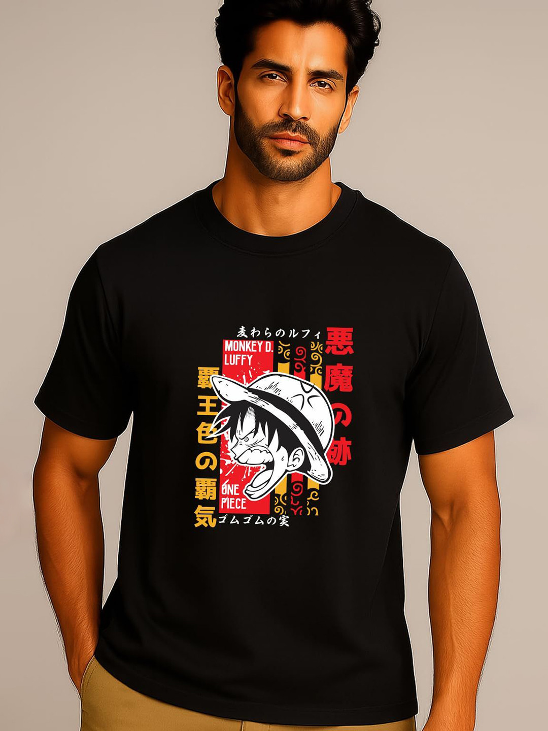 Monkey D. Luffy Typography Graphic Round Neck T-shirt