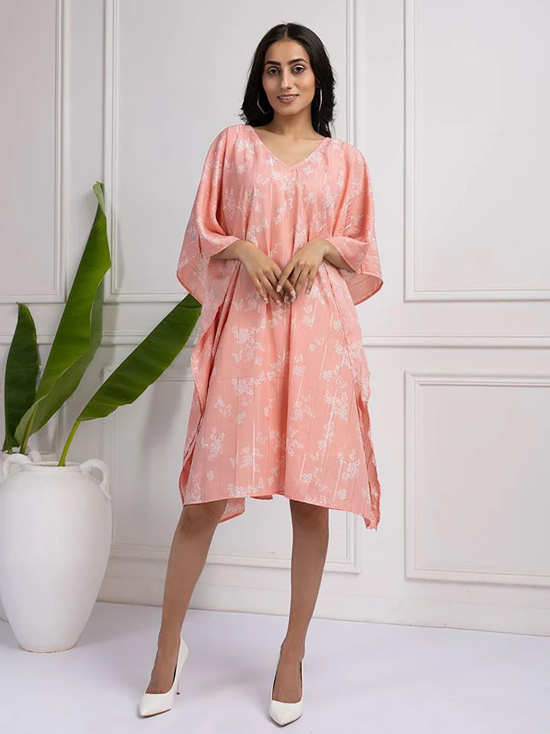 House of Kaftan Sahara Sands Women Floral Printed Kimono Sleeve Cotton Kaftan Dress